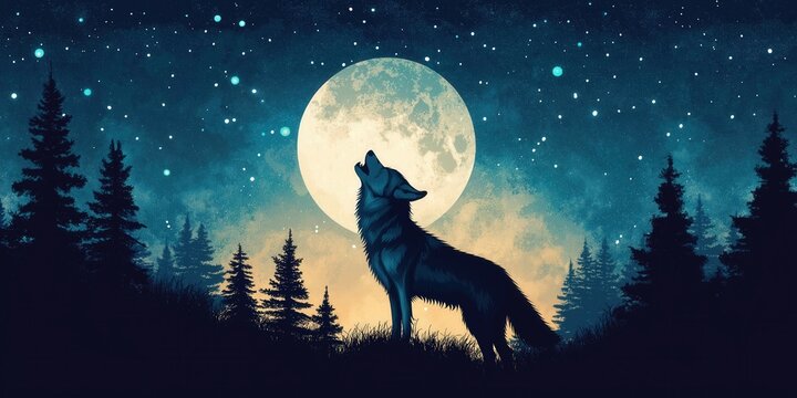 A majestic black wolf stands before a luminous full moon, eyes piercing, poised as though mid-howl, enveloped in an ethereal night scene