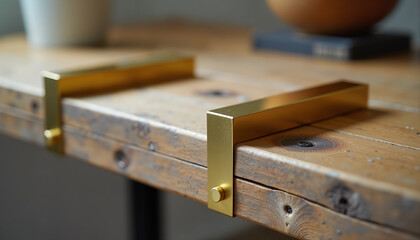 Modern gold metal handles on a rustic wooden table