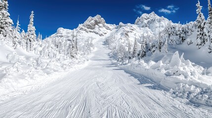 Snowy mountain ski slope, winter landscape, clear sky