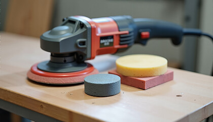 Electric sander with sanding pads on wooden workbench