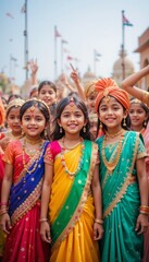 Fototapeta premium A group of children dressed in traditional Indian clothes, including saris, sherwanis, and turbans, joyfully celebrating a festive occasion outdoors, with rich cultural patterns and bright colors