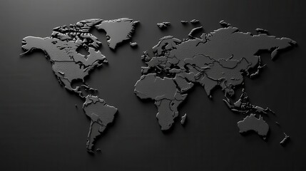 3D World Map White Relief on Black Background: A 3D world map with white relief details on a black background, showcasing global geography and design.