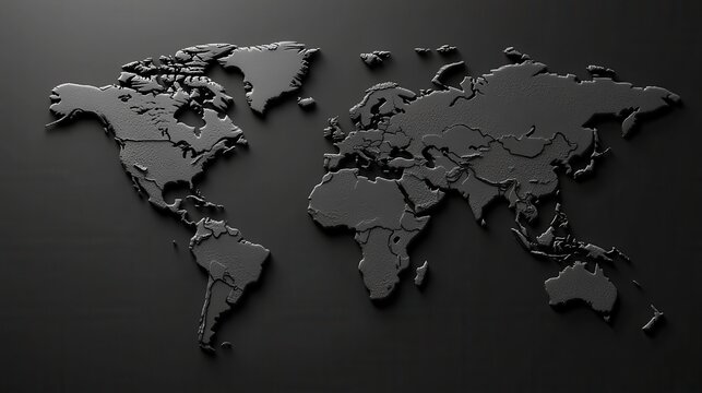 3D World Map White Relief on Black Background: A 3D world map with white relief details on a black background, showcasing global geography and design.