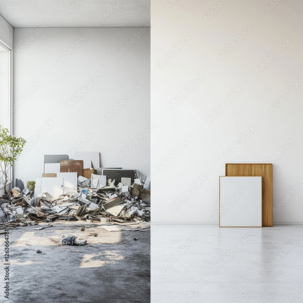 Leinwandbilder Contrasting interior spaces reveal a messy environment alongside a clean and organized area for stark visual comparison. Generative AI