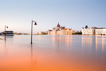 Hungarian parliament view from across the river during flood