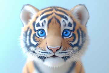 Obraz premium A cute, cartoon-style tiger cub with bright blue eyes and a friendly expression, set against a soft, light blue background.