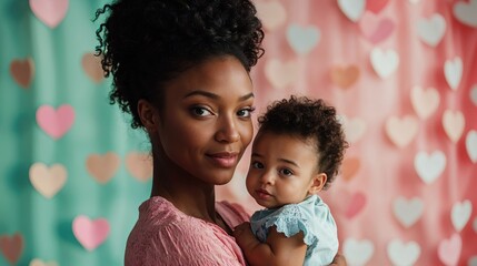 A mother embraces her adorable baby against a vibrant backdrop adorned with colorful hearts, capturing the love and connection shared between them in a tender moment.