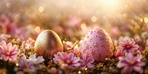 Decorative Easter eggs surrounded by blooming flowers in a soft, warm light setting during springtime