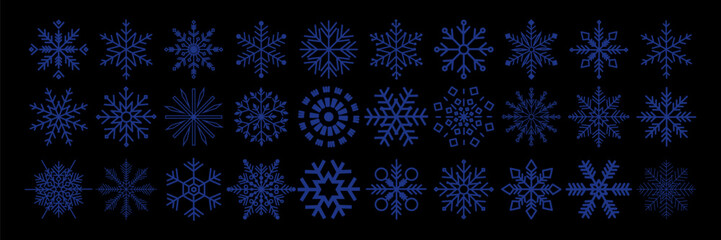 Collection of geometric snowflakes. Flat elements of different snowflake shapes. Set of snowflakes for holiday banner, postcard or decoration. New Year vector ornament.
