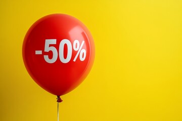 Red balloon with fifty percent discount sign against bright yellow background in promotional setting