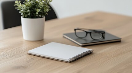 Blank Notebook on Wooden Table with Plant and Glasses