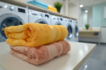 Freshly folded towels in modern laundromat setting with washing machines in the background