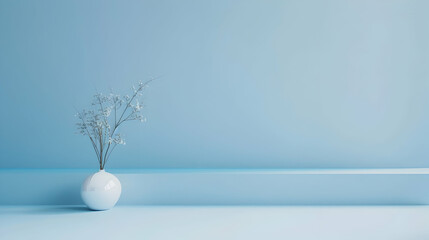 Obraz premium Minimalistic vase with delicate flowers against a serene blue background in a modern interior