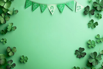 Celebrate St. Patrick's Day with a charming shamrock and banner display against a vibrant green backdrop.