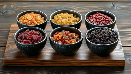 Bowls with different dried fruits on wooden background, flat lay. Healthy lifestyle