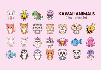 Pink And White Kawaii Animals Cute Cartoon Illustration Set