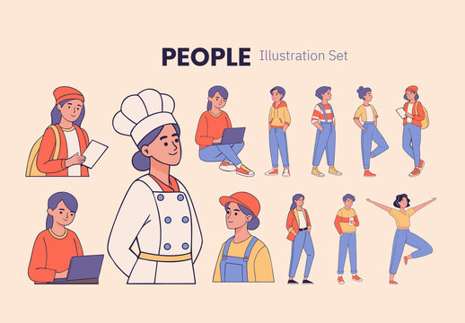 Beige And Orange Casual People Character Flat Illustration Set