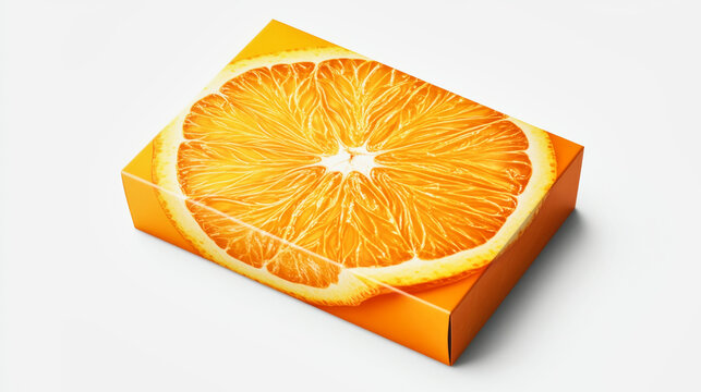 Premium rectangular orange packaging box design with photorealistic details for fruit products
