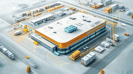 Modern warehouse logistics, automated systems, and smart transportation network.