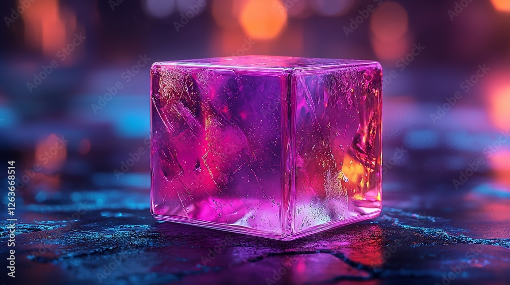 Poster purple crystal cube on dark surface, vibrant bokeh background; abstract art, design element