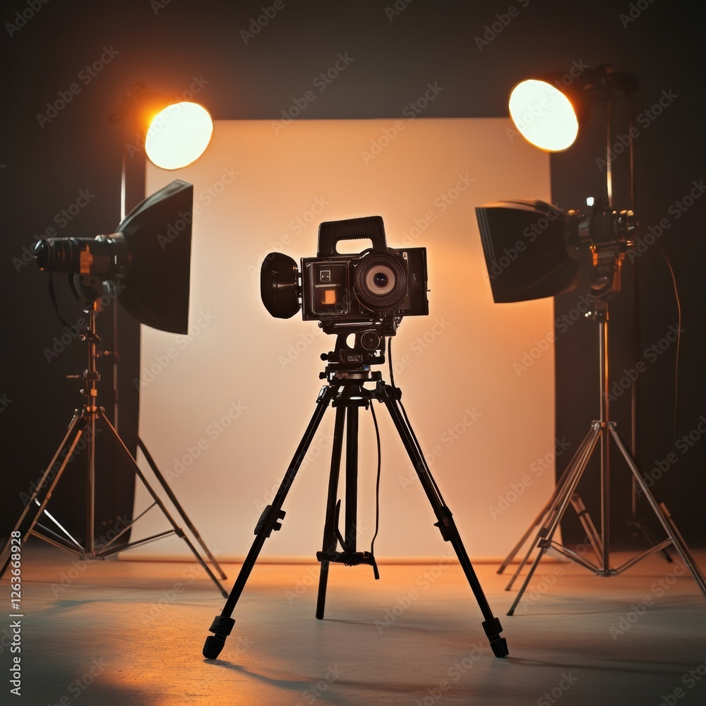 Aufkleber professional camera setup for studio photography with lighting equipment in a dark environment. gene