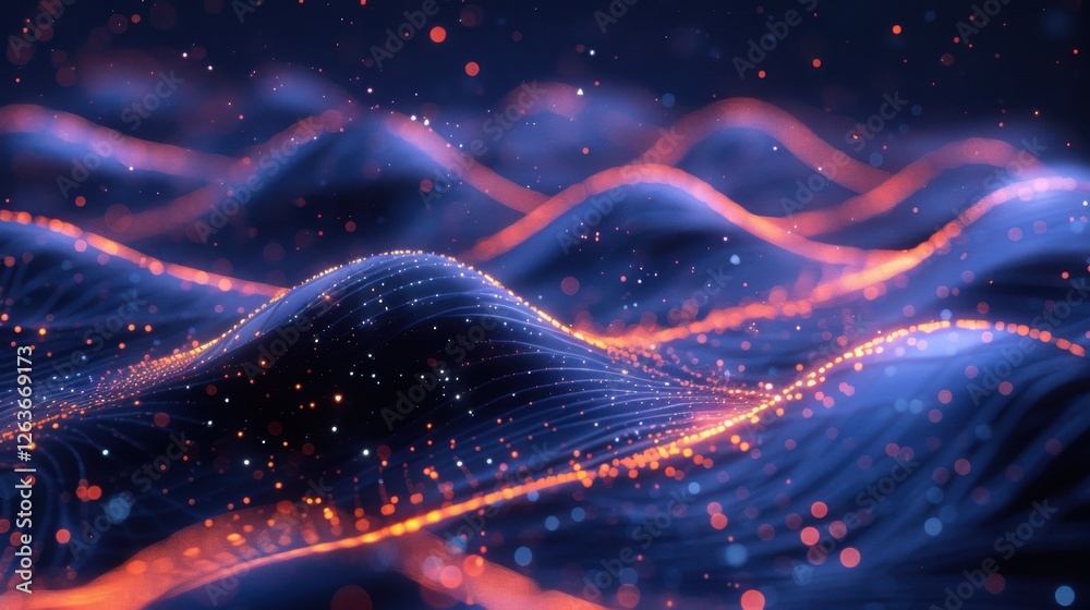 Fototapete flowing particle wave, abstract tech design, hi-tech big data background for business cards, banners