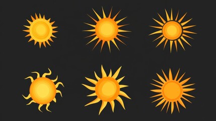 Summer flat sun logo. Yellow suns circles, bright natural lighting objects. Heating sunshine, isolated spring warm season utter vector symbols