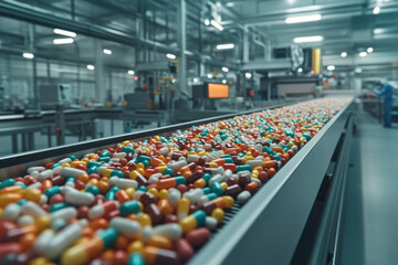 Fototapeta premium Colorful capsules move along a conveyor belt in a pharmaceutical manufacturing facility during daylight hours
