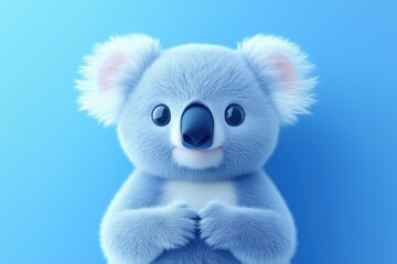 Fototapeta premium A cute, cartoon-style koala with fluffy fur and big eyes, set against a soft blue background. The koala appears friendly and playful, with its paws clasped together.
