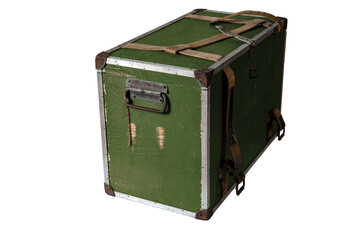 Old green travel box with a closed lid isolated on a transparent background