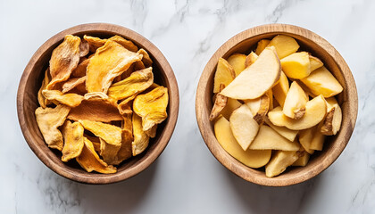 fresh and Dried sliced Mango. Dried mango in wooden bowl and fresh mango fruit, top view. Superfood, vegetarian food concept