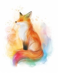 A fox with rainbow tail, soft bubbly background, cute doodle style