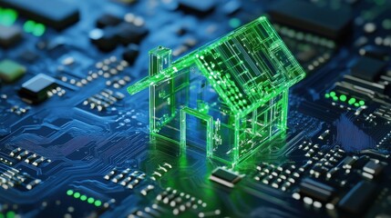 Fototapeta premium A circuit board with a green house on it. The circuit board is blue and the green house is made of glass.