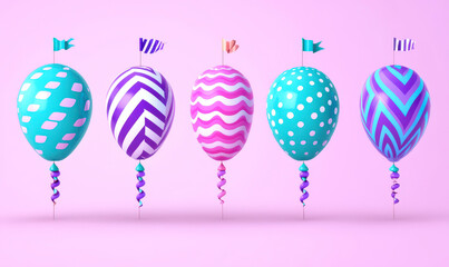 Colorful Decorative Balloons with Patterns and Flags on a Pink Background for Celebrations and Festivities, Fun and Joyful Atmosphere