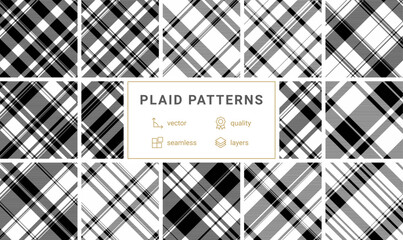 Geometric plaid patterns for fabric and textiles, featuring classic checks and stripes for shirts, clothes, or trendy backgrounds.