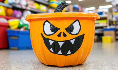 Orange Halloween Pumpkin Container with Scary Face and Sharp Teeth, Perfect for Trick-or-Treating and Halloween Gatherings in a Colorful Store Setting