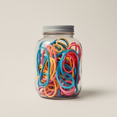 Colorful collection of rubber bands in a glass jar
