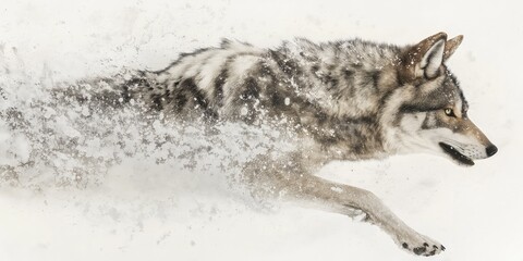 A majestic gray wolf, its black-and-white fur dusted with snow, stands against a pristine snowy backdrop, exuding wild elegance