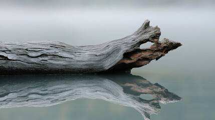 Fototapeta premium A close-up of a weathered tree trunk emerging from a still lake, its textured bark rich with details