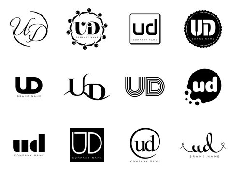 UD logo company template. Letter u and d logotype. Set different classic serif lettering and modern bold text with design elements. Initial font typography.