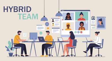 Hybrid team working in co-working office space and virtual meetings