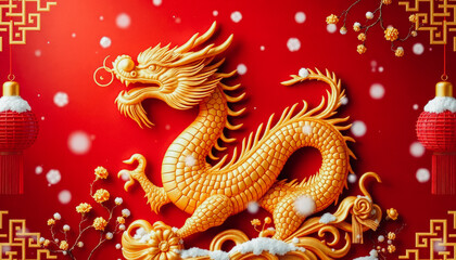 Obraz premium A detailed golden dragon decoration on a red background with glowing lanterns, flowers, and snowfall creating a festive atmosphere