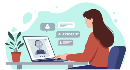 AI assistant with woman consulting bot on laptop. Minimalist flat design illustration