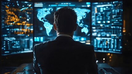 A man is sitting in front of a computer monitor with a map of the world on it