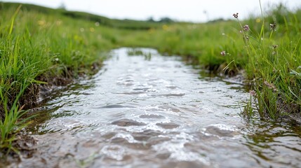Fototapeta premium Small water stream flowing through a green grassy meadow on an overcast day.