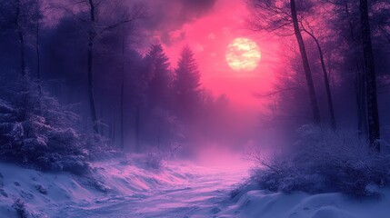 Fototapeta premium Winter forest path, mystical, pink moon. Possible stock photo use