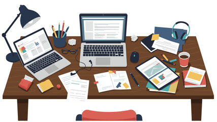 Disorganized desk and chaos at work. Colorful Minimalist flat design illustration