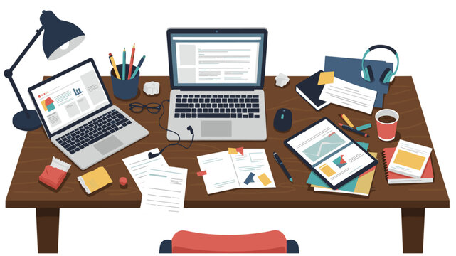 Disorganized desk and chaos at work. Colorful Minimalist flat design illustration