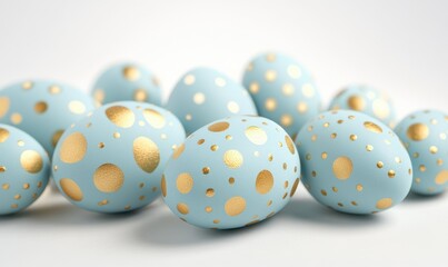 Obraz premium Decorative blue Easter eggs with golden spots arranged on a surface, creating a festive atmosphere with a soft