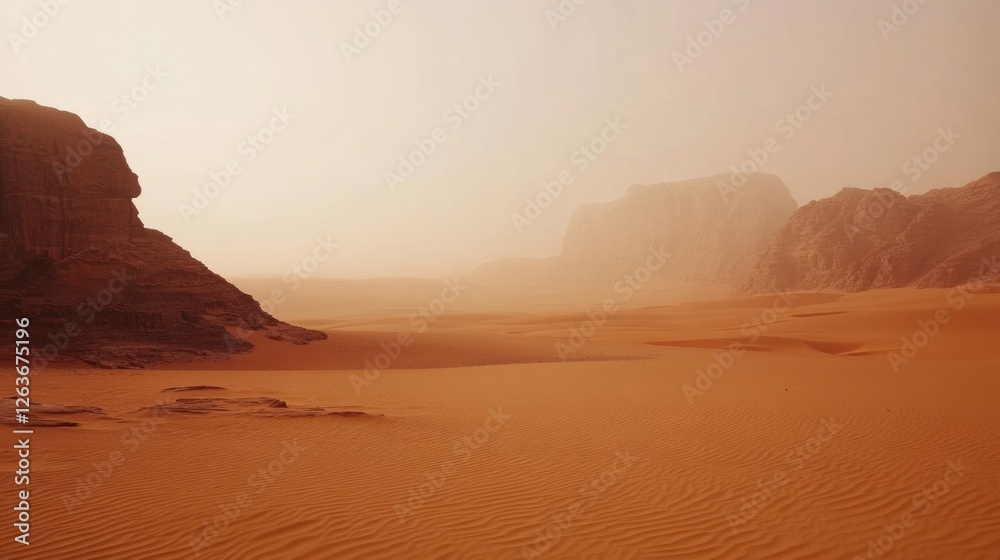 Aufkleber Expansive desert landscape with orange sand and hazy mountains in the distance during golden hour in a remote location. Generative AI